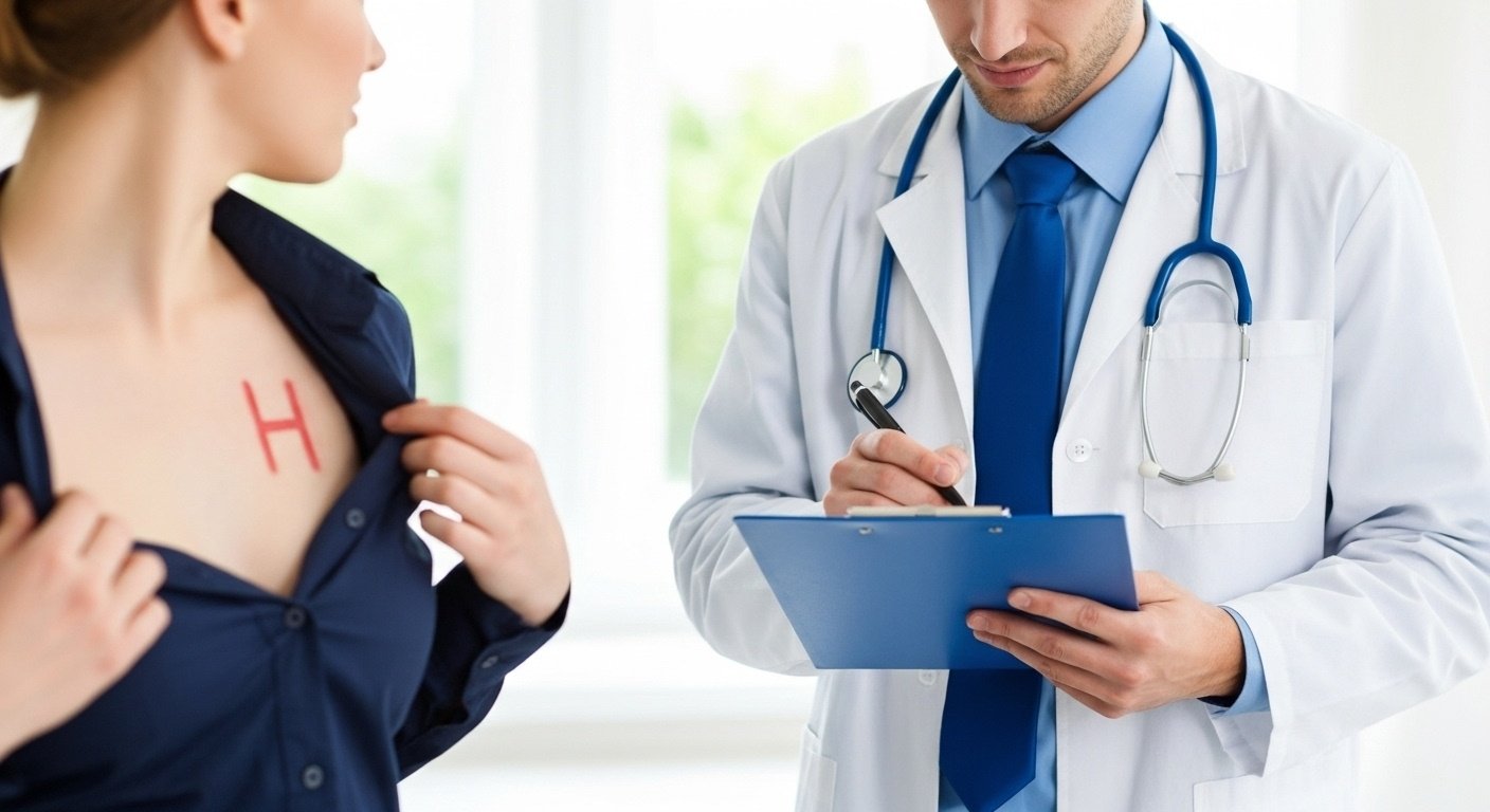 A woman in her early twenties goes into the doctor's office for a checkup. As she takes off her blouse, he notices a red 