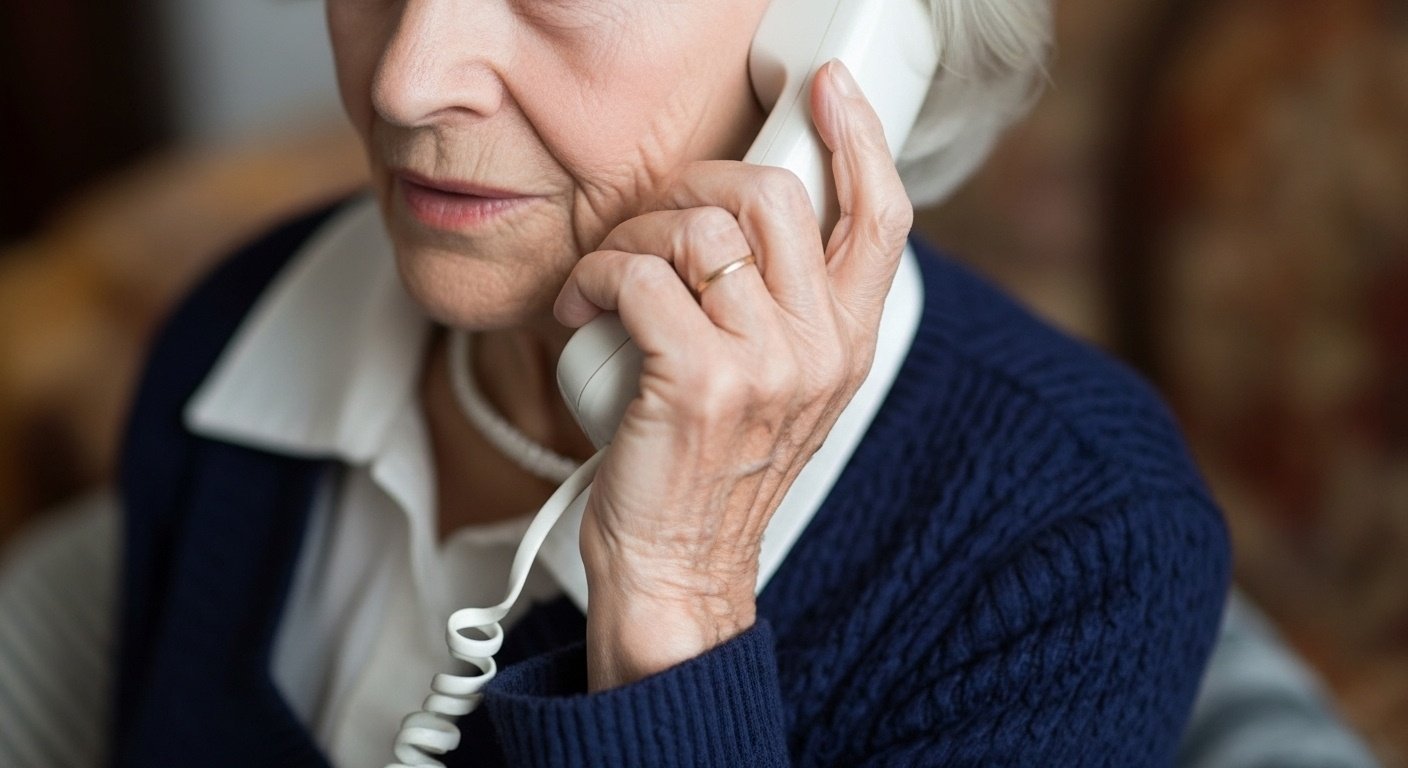 An elderly woman is at home when the phone rings. She picks it up and answers, “Hello.” 