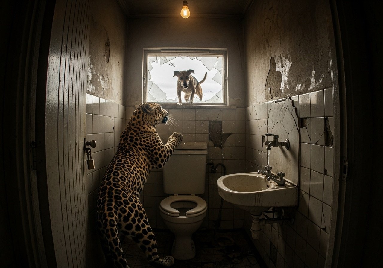 A leopard was chasing a dog. The dog entered the toilet through a window. The toilet was closed from the outside. The leopard entered behind the dog, and both got stuck in the toilet. When the content image