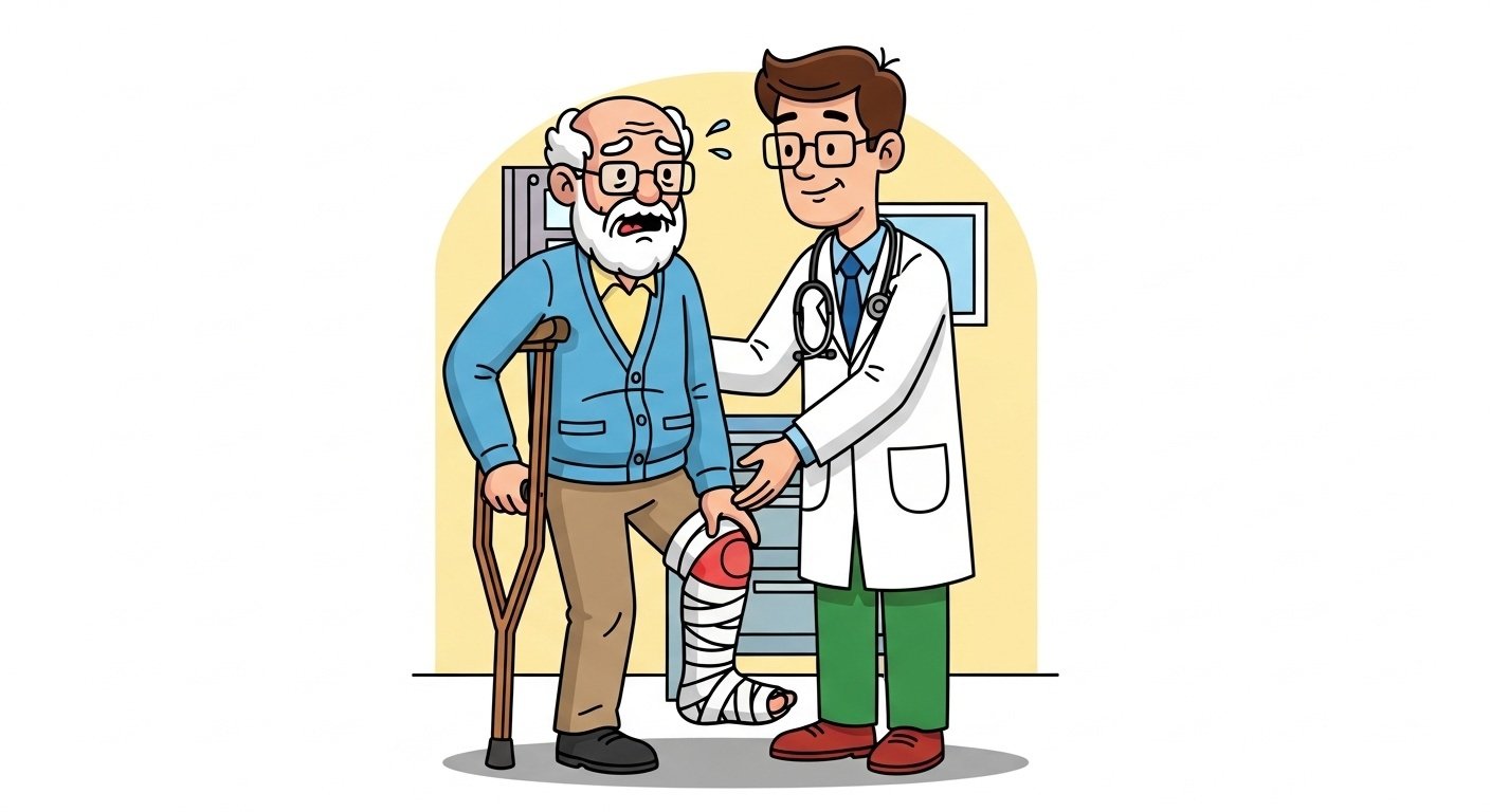 Old man Dinesh goes to consult with his village doctor. When he gets to see him, he complains about a pain in his leg that doesn't heal and wants a diagnosis and explanation. The doctor content image