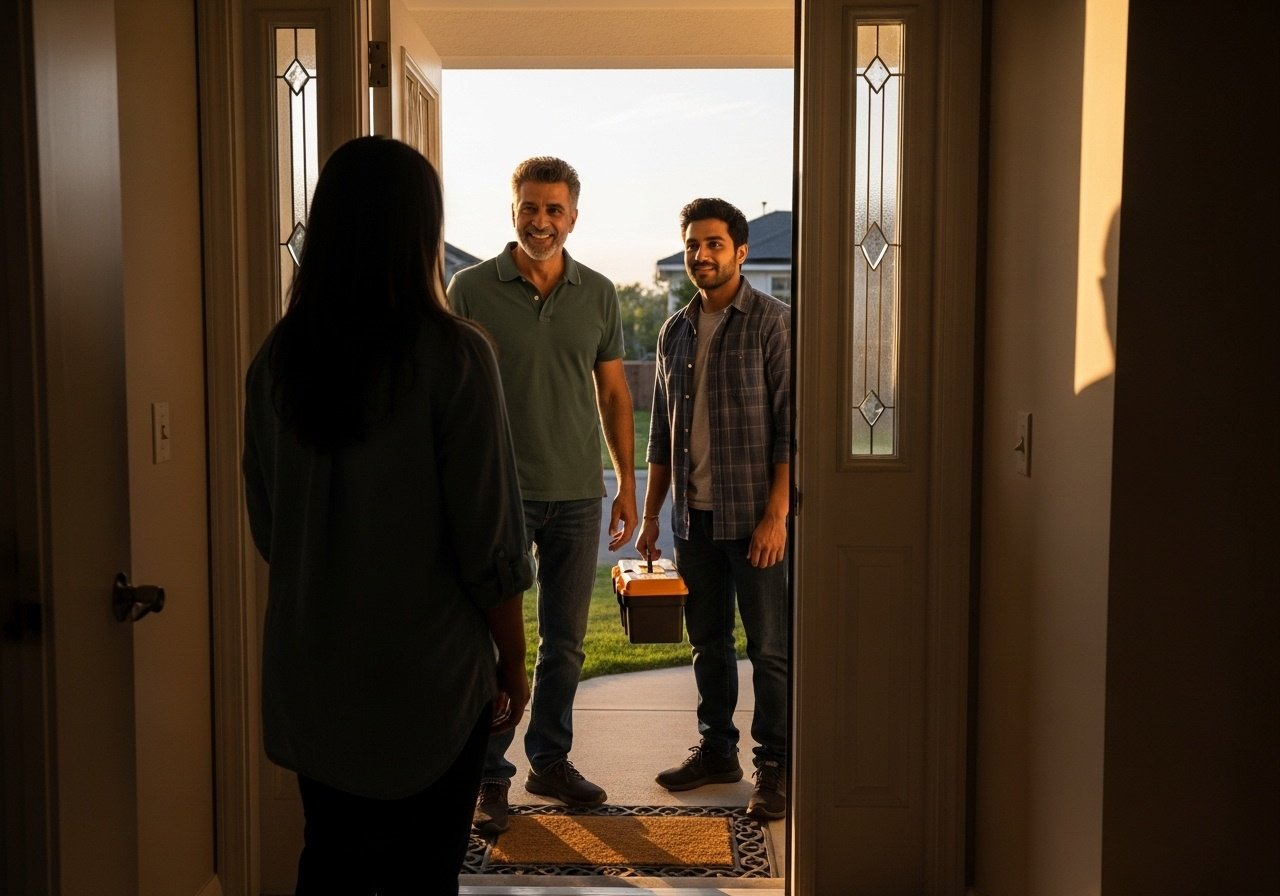 Naveen asked Girish to help him fix the antenna at his house. So, after work, the two just went straight over to Naveen's house. When they got to the door, Naveen went straight to his wife content image