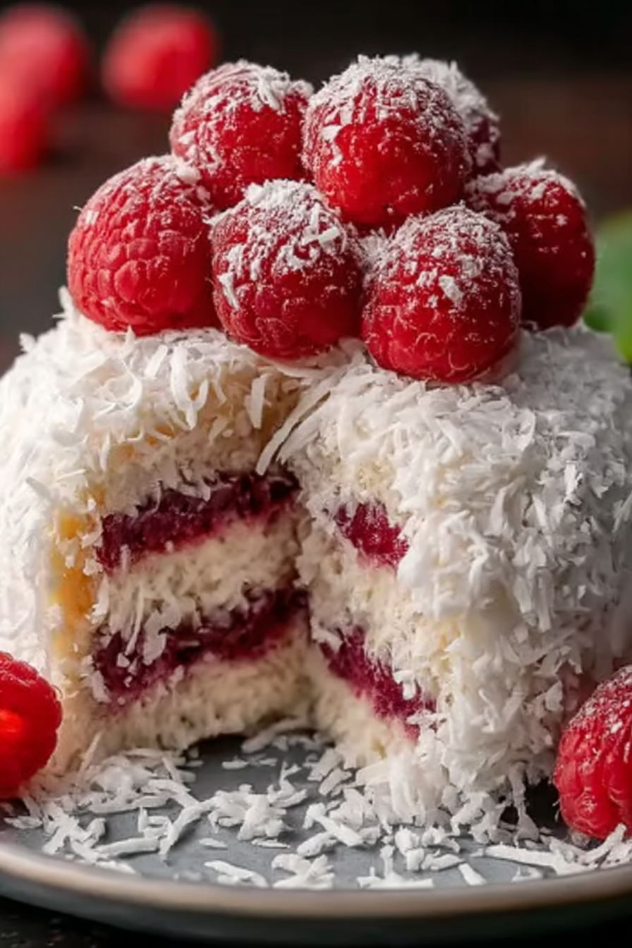 Raspberry Swirl Coconut Snowball Cake image 2