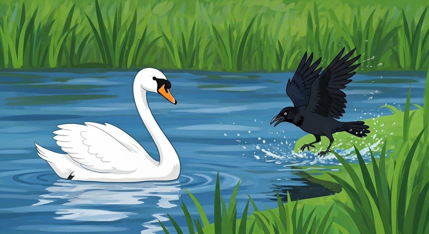 A Raven, which you know is black as coal, was close to the Swan, because her feathers were as white as the purest snow. The foolish bird got the idea that if he lived like the Swan, content image