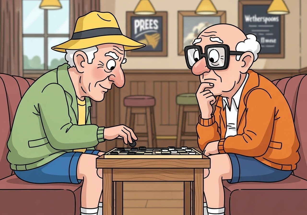 A group of male friends, all turning 40, discussed where they should meet for lunch. Finally it was agreed that they would meet at Wetherspoons because the waitresses had big breasts and content image