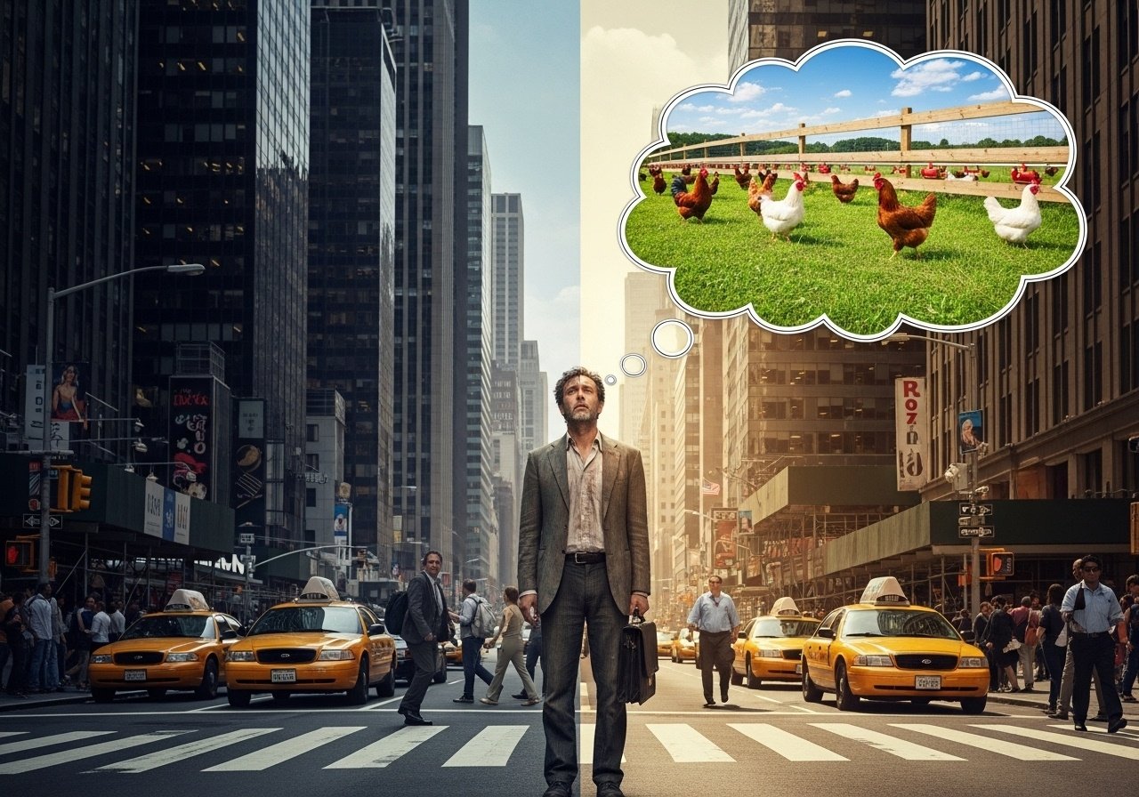 A life-long city man, tired of the rat race, decided he was going to give up the city life, move to the country, and become a chicken farmer. He bought a nice, used chicken farm and moved in. As it content image