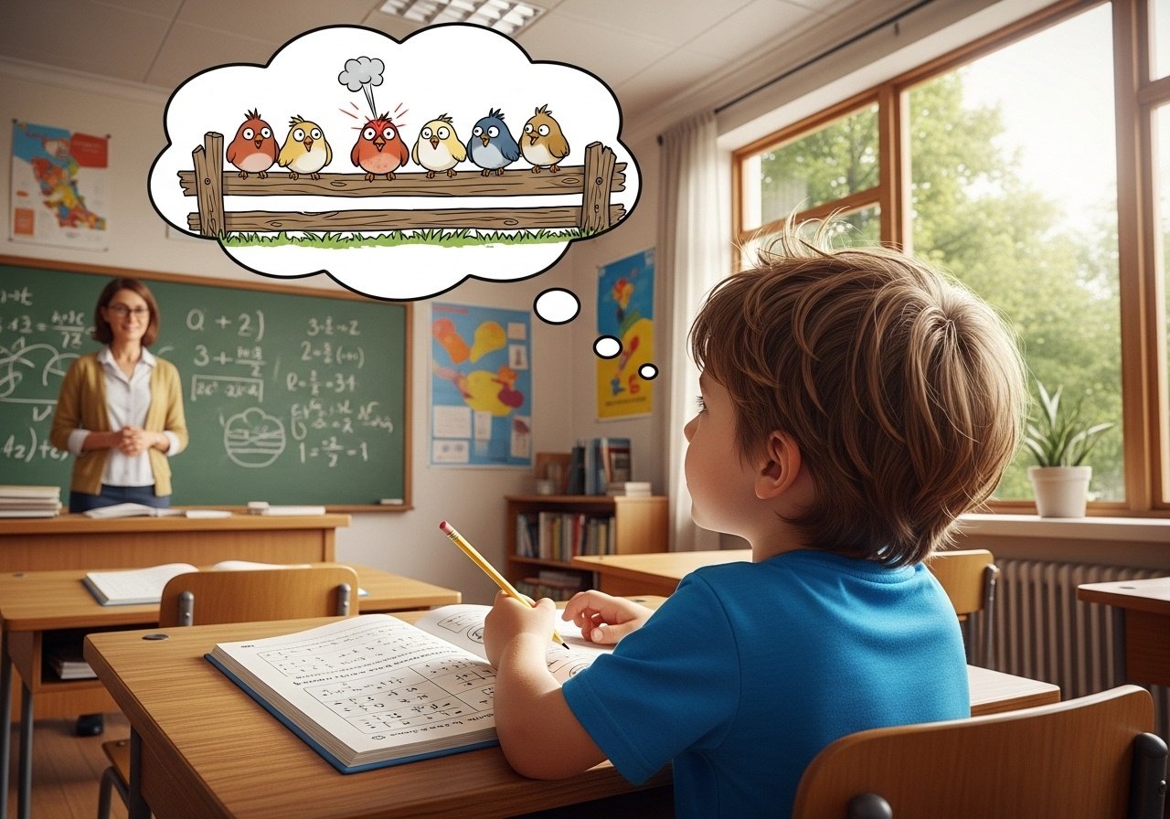 Little Johnny was sitting in class doing math problems when his teacher picked him to answer a question, 