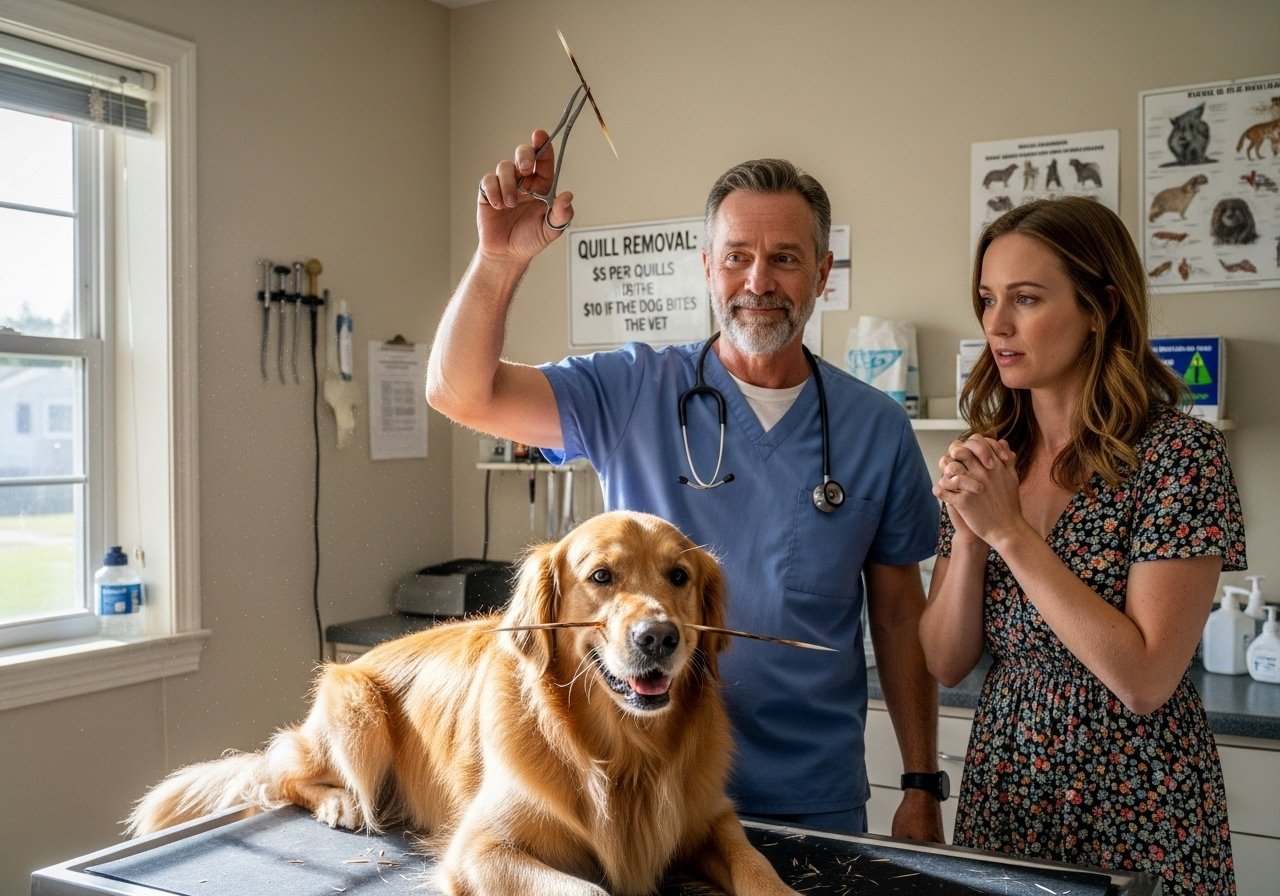 A local veterinarian was known for his wry humor. He surpassed himself one summer day when a woman, who was visiting, brought a dog to him after an encounter with a porcupine. After almost content image
