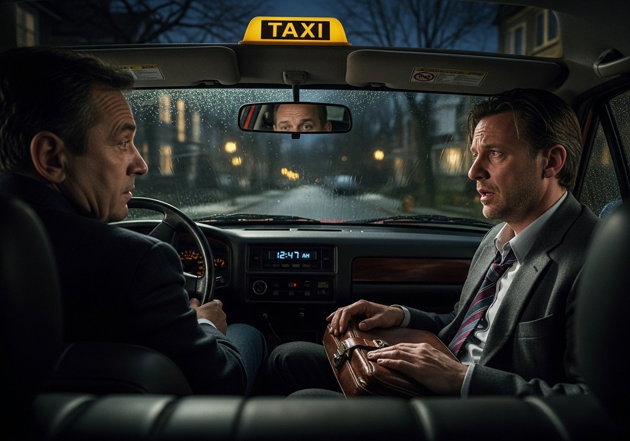 TAXI A man returns home a day early from a business trip. It's after midnight. While en-route home he asks the cabby if he would be a witness. The man suspects his wife is having an affair, and content image