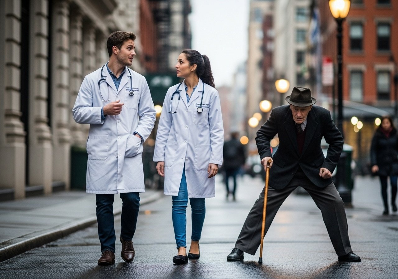 Two medical students were walking along the street when they saw an old man walking with his legs spread apart. He was stiff-legged and walking slowly. One student said to his friend: 