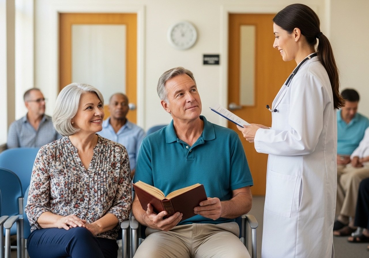 A man takes his wife to the doctor for an annual checkup. When the doctor calls the woman in, she turns to her husband and says, 