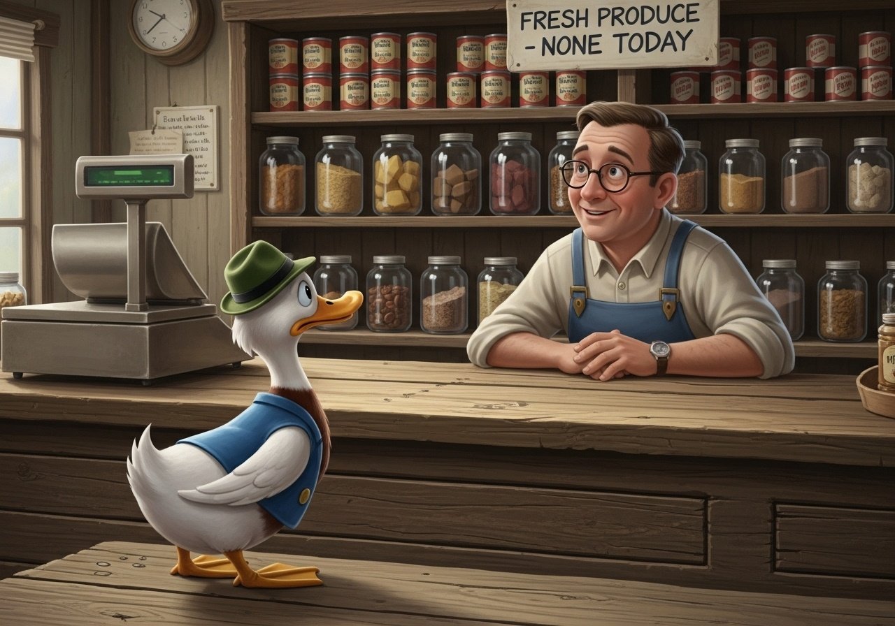 A duck walks into a general store and asks the manager,