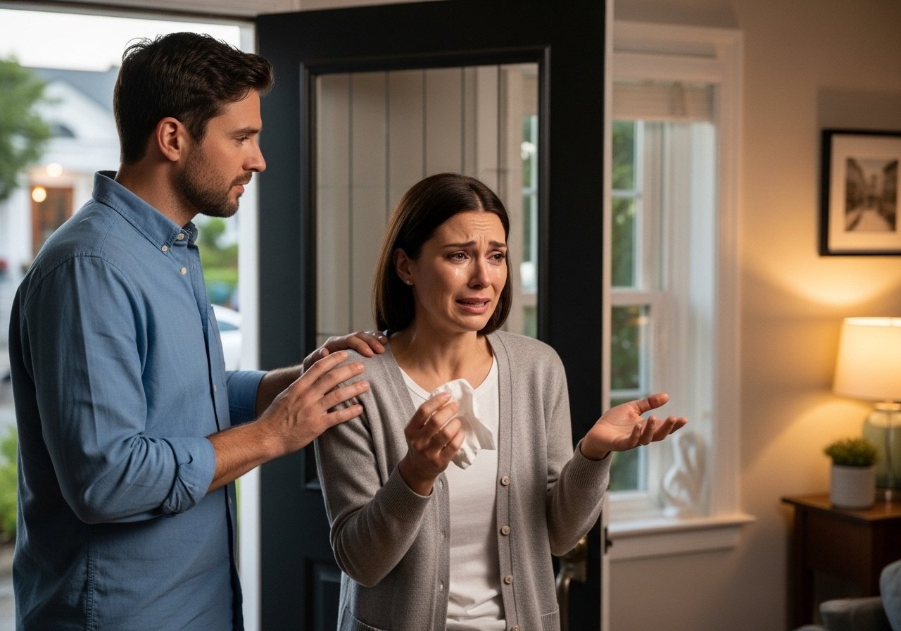 Upon arriving home, a husband was put at the door by his sobbing wife. Tearfully she explained,