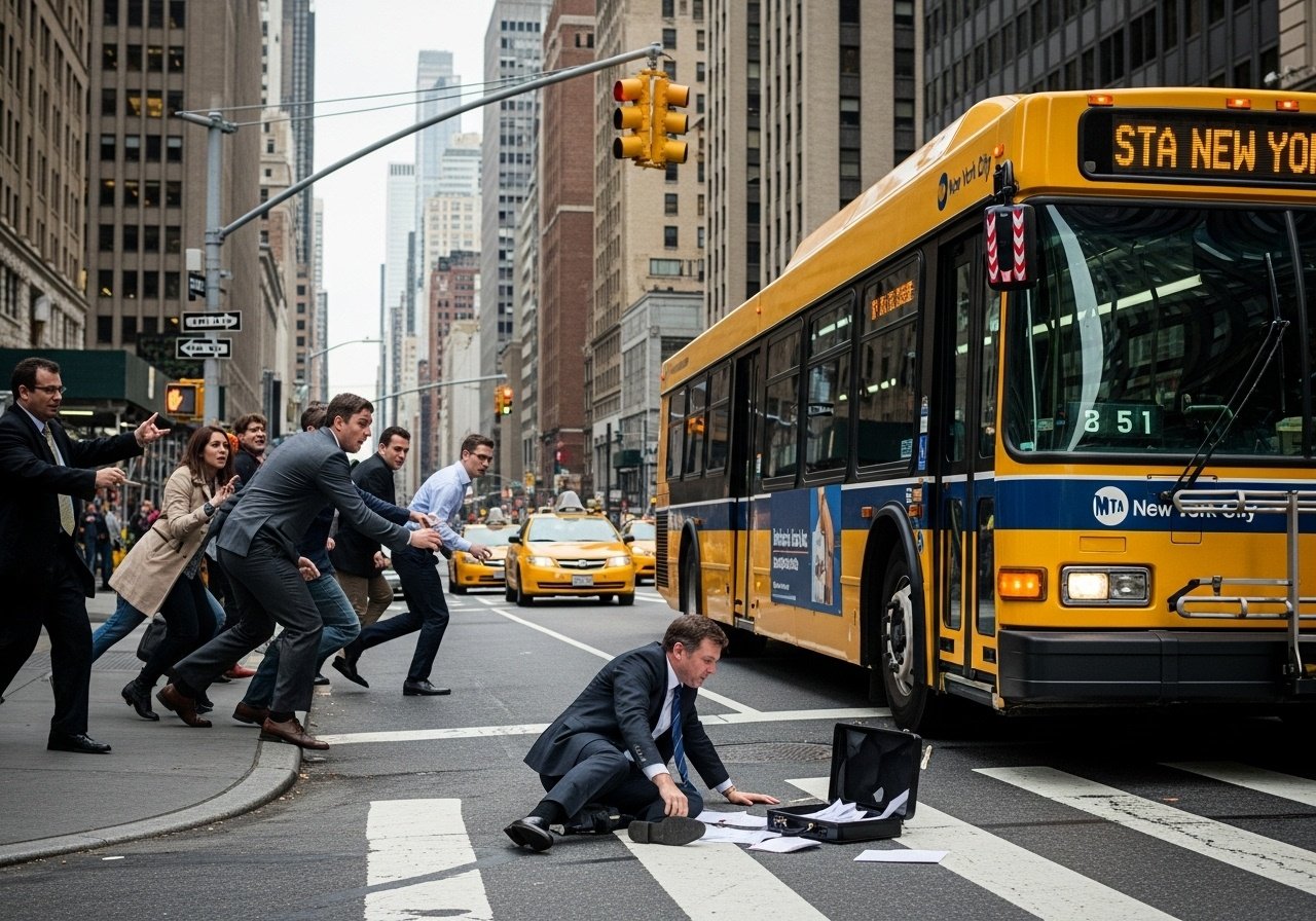 On a busy street in New York City, a man hustles across an intersection and is just about making it to the other side when he's hit by a bus. He lies dying on the sidewalk as a crowd gathers content image