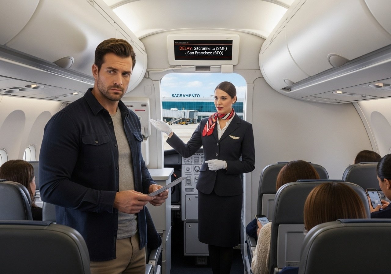 A man was flying from Seattle to San Francisco. The plane had a layover in Sacramento. The flight attendant explained that there would be a delay, and if the passengers wanted to content image
